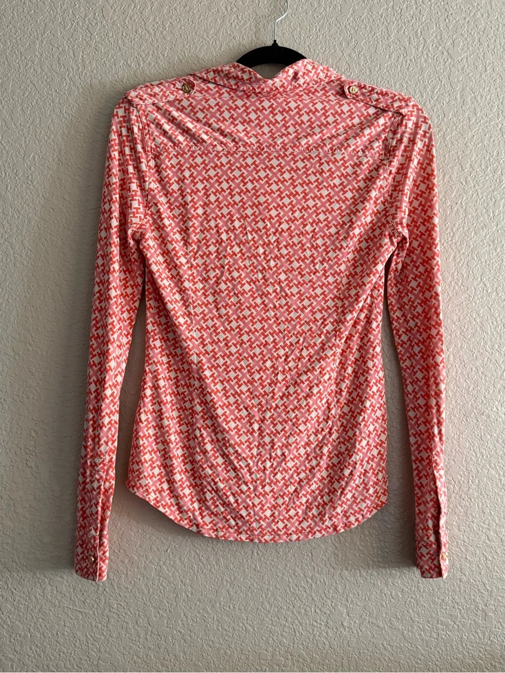 Tory Burch Silk Chain Link Geometric Button Down Blouse Coral Small Pink Career